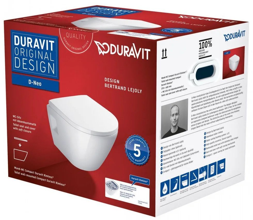 DURAVIT D-Neo závesné WC Rimless Compact s hlbokým splachovaním, 370 x 480 mm, biela + sedátko so sklápacou automatikou (SoftClose), 45870900A1