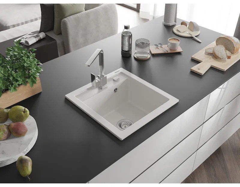 Mexen Vito, 1-komorový granitový drez 520x490x210 mm, chrómová batéria Rita, biela, 6503-20-670300-00