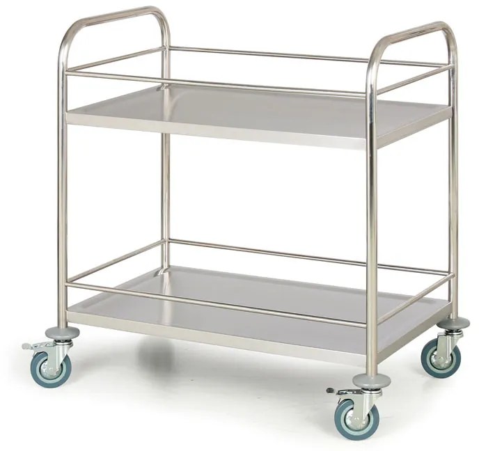Nerezový policový vozík, 2 police s ohrádkami, 710 x 410 mm