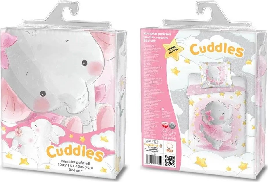 Detské bavlnené obliečky do postieľky 135x100 cm CUDDLES - Sloník - ružové