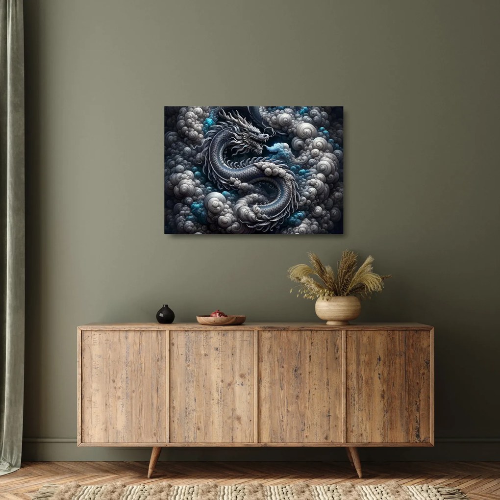 Sklenený obraz – Drak v dyme (70x50 cm)