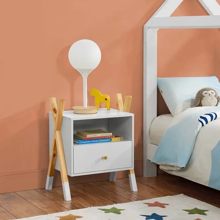 Detský nočný stolík, biely so zásuvkou a policou