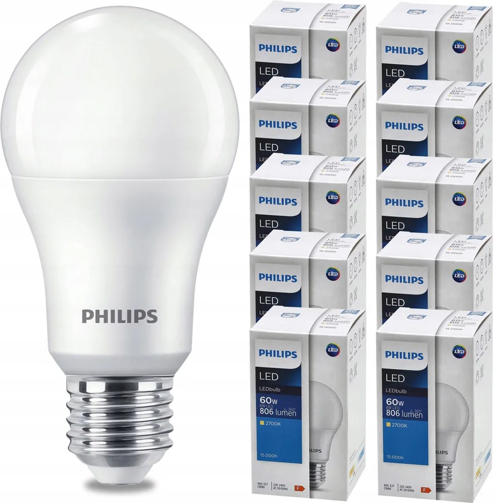 SADA 10 LED žiaroviek E27 8W 806lm PHILIPS tepla biela 2700K A60