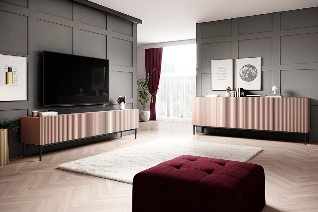 Komoda Nicole 200 cm - staroružová MDF / čierne nožičky