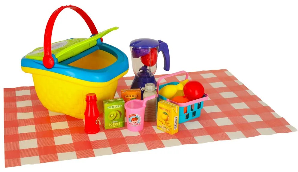 KIK Detský piknikový kôš - hračka set s ovocnými džúsmi, nápojmi a jedlom, 3+, bez batérií