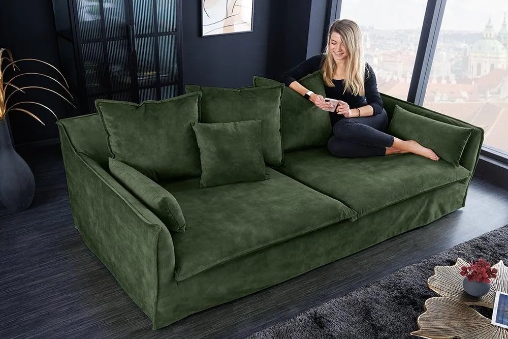 Invicta Interior - Pohovka 3-miestna HEAVEN 210 cm, zamat, odnímateľný poťah, tmavo zelená