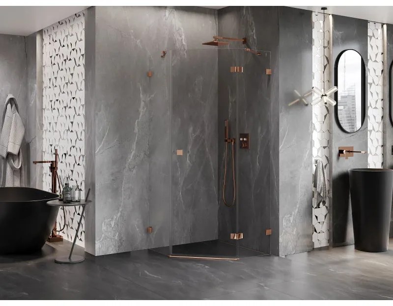 Mexen Lunar, pravý výklopný päťuholníkový sprchový kút 100 x 100 cm, 8mm číre sklo, profil ružové zlato, 831-100P-100L-60-00-P