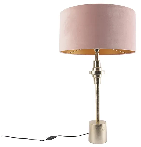 Art Deco stolná lampa zlatý zamatový tienidlo ružový 50 cm - Diverso