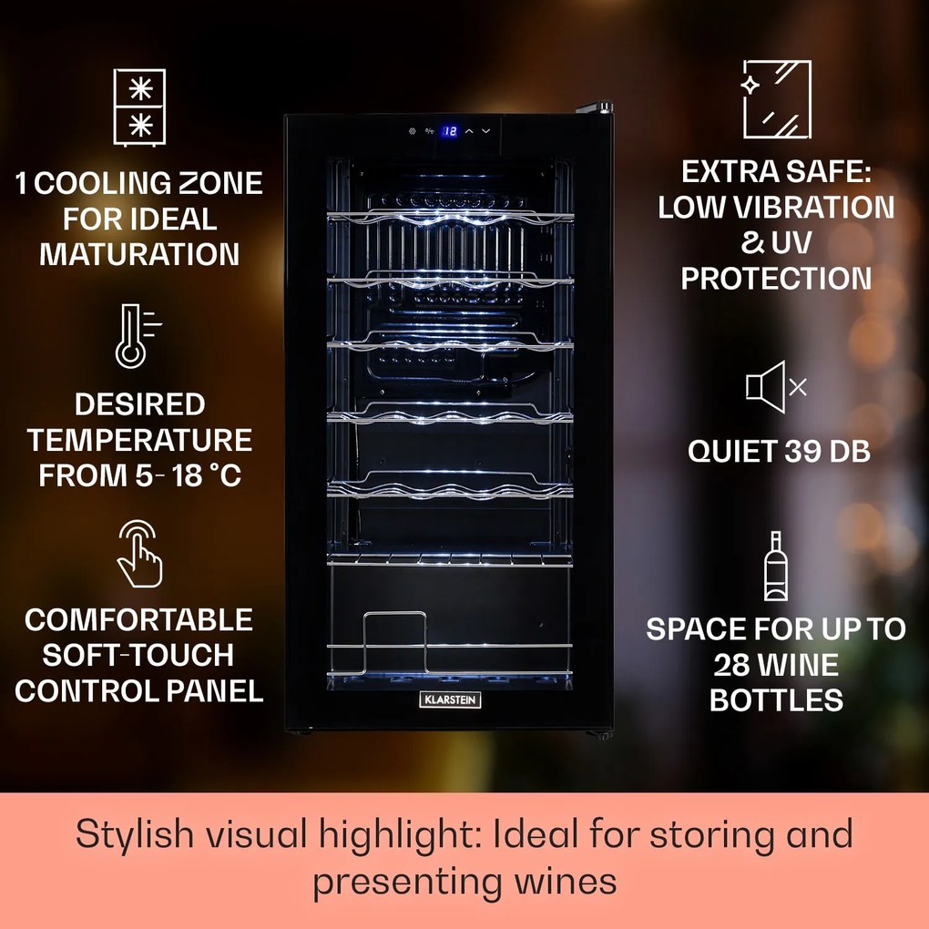 Klarstein Shiraz 28 Uno, vinotéka, 74 l, 28 fliaš, 5-18°C, dotykový ovládací panel