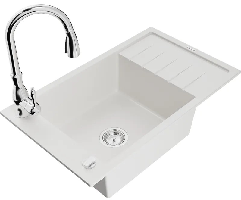 Mexen Elias, 1-komorový granitový drez 795x480x200 mm a drezová batéria Savita, biela, 6511-20-672601-00