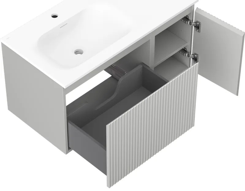 Mexen Rivel, kúpeľňová skrinka 90 cm s umývadlom Vela na ľavej strane, 1S, 1D, drážkovaná, sivá matná/biela matná - 91A23-09047-3-BBFF62-W23L01