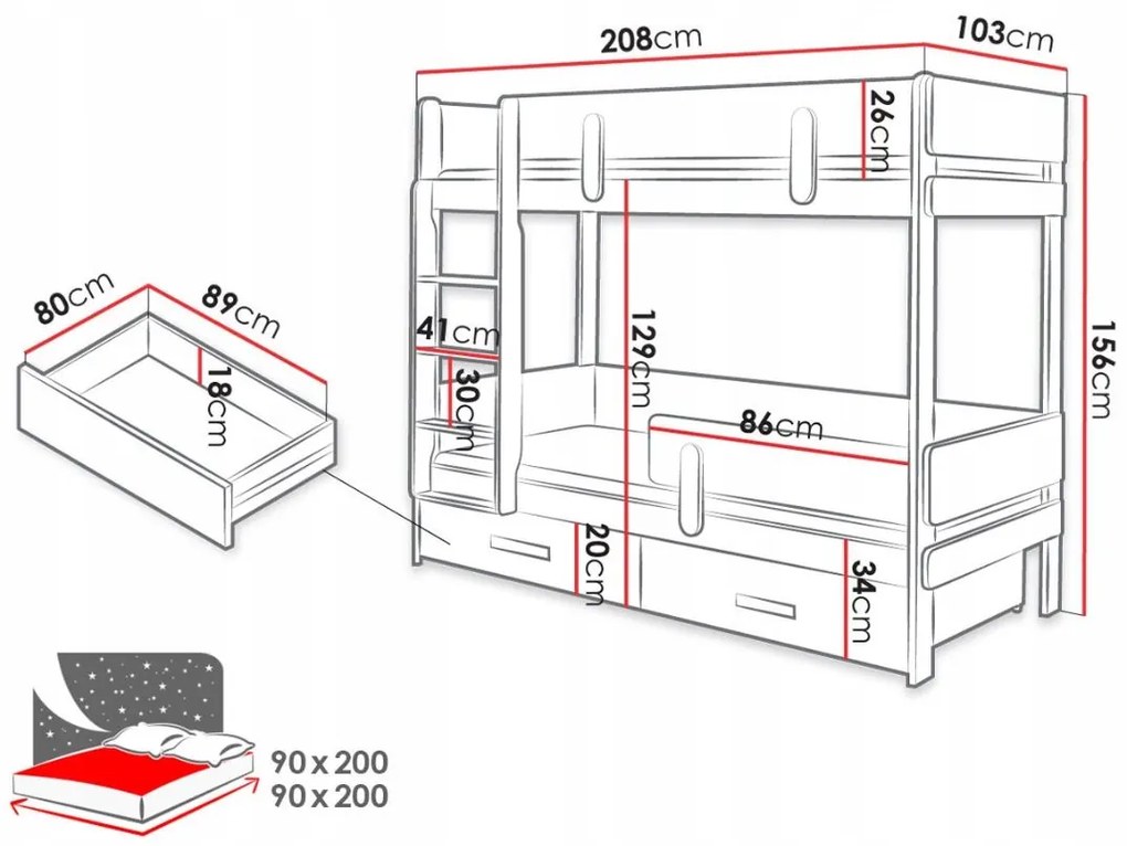Detská poschodová posteľ z masívu borovice ETTORE so šuplíkmi - 200x90 cm - biela/dub shetland