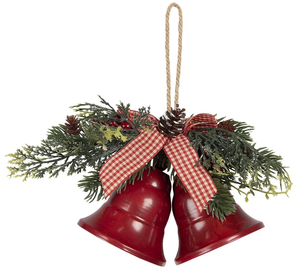Vianočné dekorácie červené zvončeky s vetvičkou a mašľou - 17*9*12 cm
