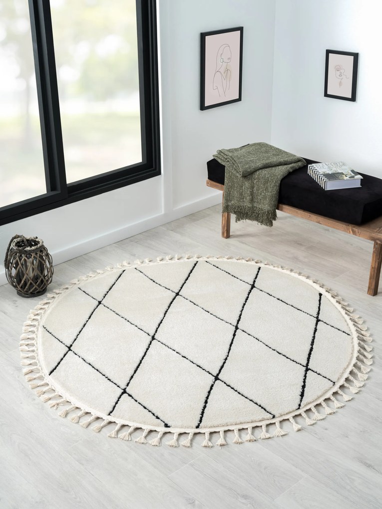 Kusový koberec Moroccan Fantasy weiß kruh, 190x190 (průměr) kruh, čiernobiela, obývacia izba, My Flair