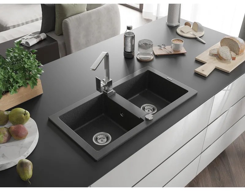 Mexen Mario, granitový drez 820x436x161 mm, 2-komorový, čierna škvrnitá s chrómovým sifónom a chrómová drezová batéria Rita, 6504-76-670300-00