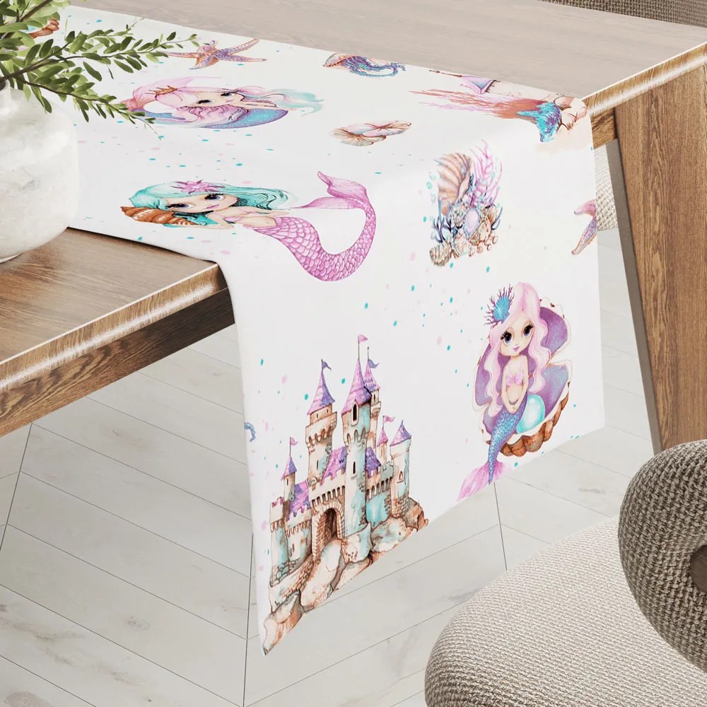 Biante Detský bavlnený behúň na stôl Sandra SA-567 Morské víly a kráľovstvo na bielom 45x120 cm