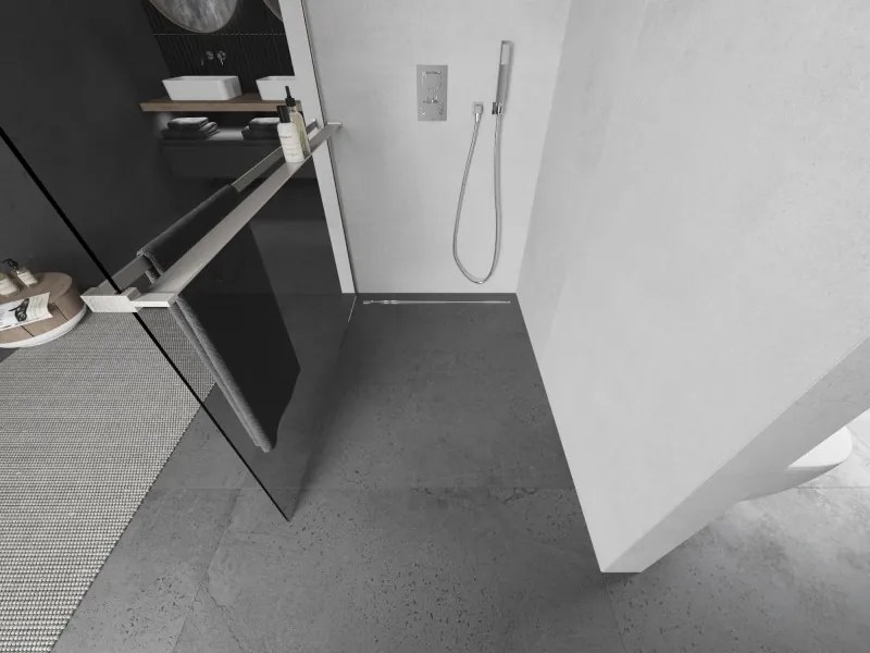 Mexen Kioto+ L, sprchová zástena Walk-In s poličkou a vešiakom 100 x 200 cm, 8mm číre sklo, brúsená oceľ profil, 800-100-123-97-00