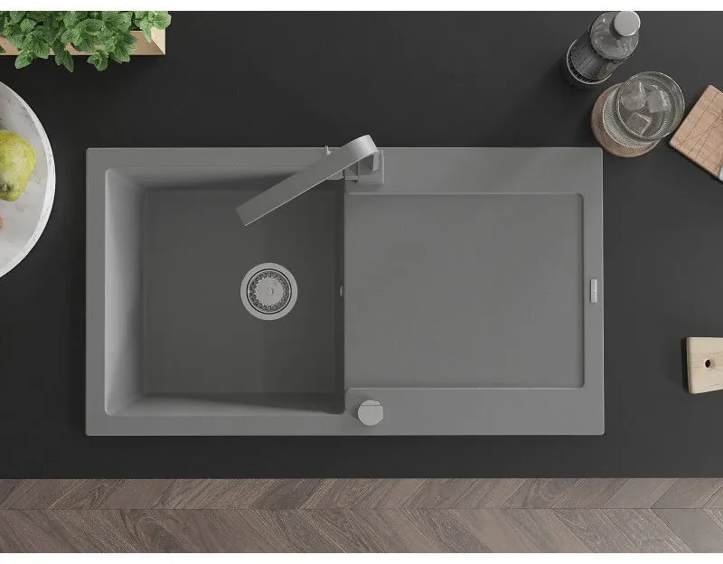 Mexen Leo, drez granitový 900x500x190 mm, 1-komorový, šedý s chrómovým sifónom a šedá drezová batéria Rita, 6501-71-670300-71