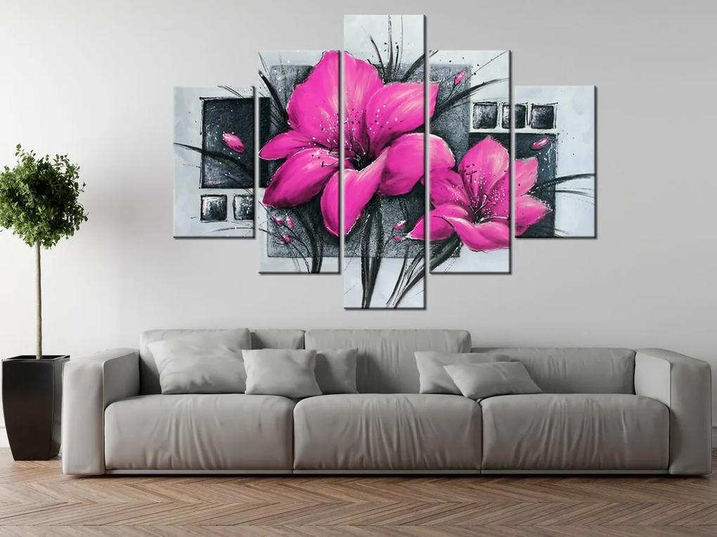 Gario Ručne maľovaný obraz Nádherné ružové Vlčie maky - 5 dielny Rozmery: 150 x 70 cm
