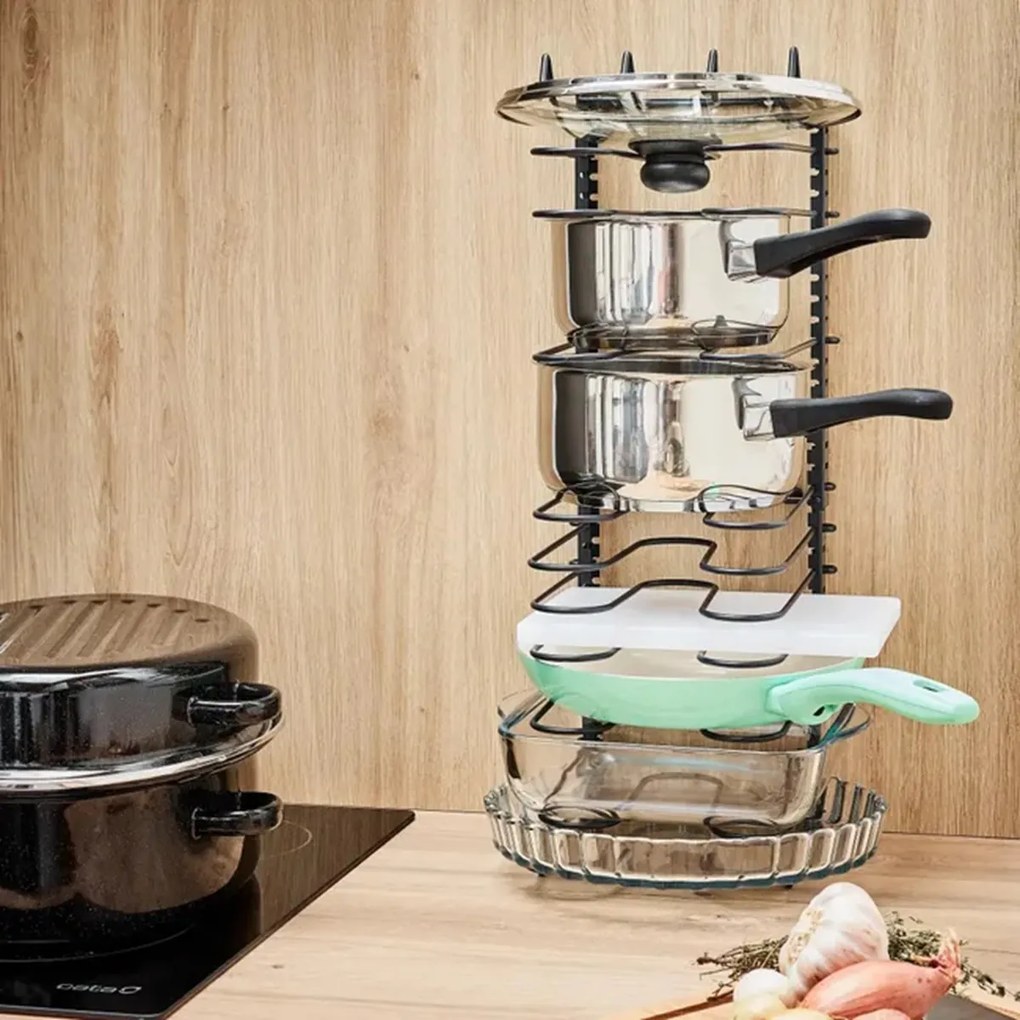 Goodhome Organizér na pokličky a pánve, černý, 11 flexibilních přepážek, nastavitelná šířka 28 -57 cm MERLIN
