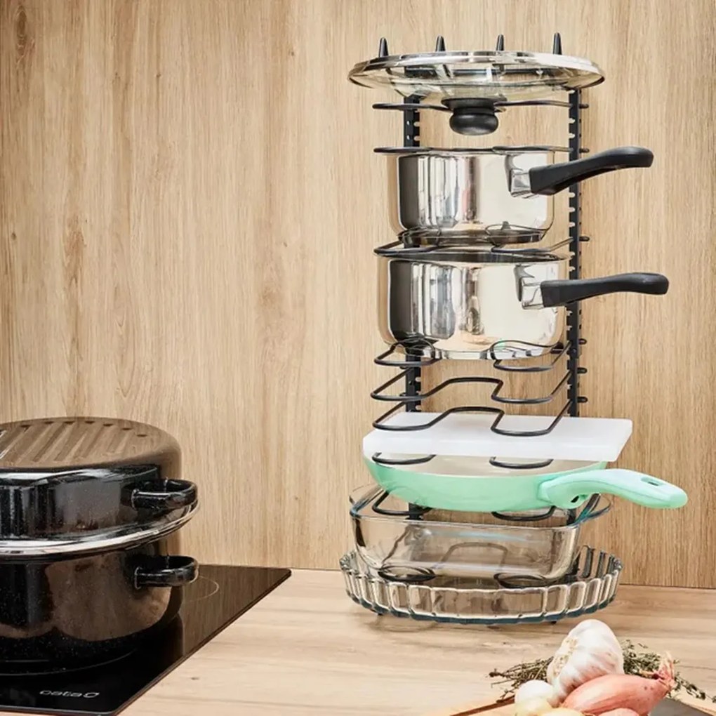 Goodhome Organizér na pokrievky a panvice, čierny, 11 flexibilných priehradiek, nastaviteľná šírka 28 - 57 cm MERLIN