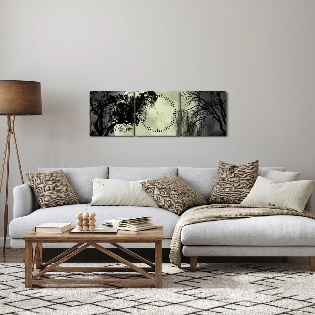 Obraz - Spln nad hladinou, čiernobiely variant (s hodinami) (90x30 cm)