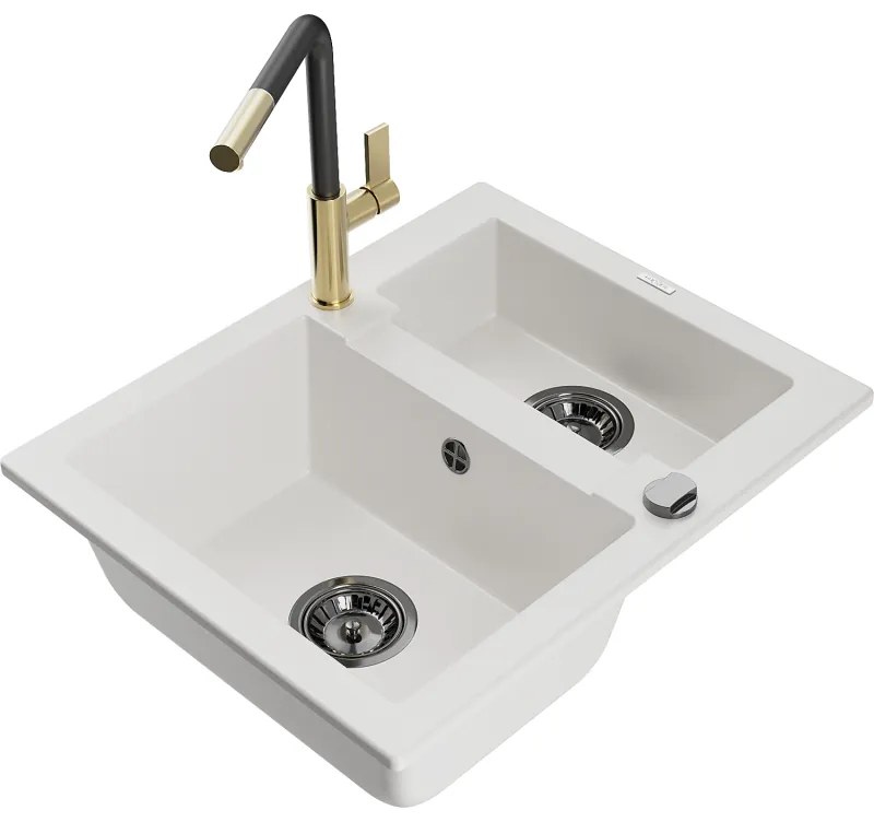 Mexen Carlos, 1,5-komorový granitový drez 582x475x177 mm a drezová batéria Flora, biela, 6518-20-670401-57-B