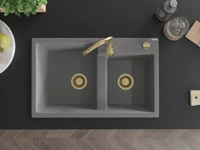 Mexen Tomas, granitový drez 800x500x190 mm, 2-komorový, šedá so zlatým sifónom, 6516802000-71-G