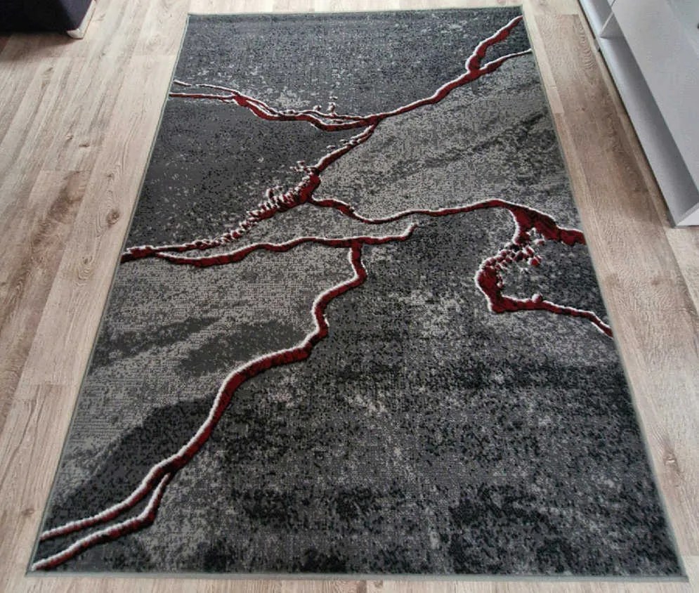 HU Sivý abstraktný obdĺžnikový koberec NEW IDEA 90321-0564 imitácia mramoru s červenými žilami Rozmer: 80x150 cm
