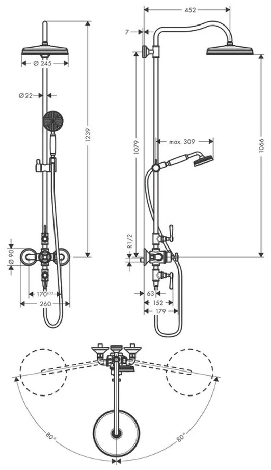 Axor Montreux - Sprchový systém s termostatom a hlavovou sprchou 240, jeden prúd, kartáčovaný nikel 16572820