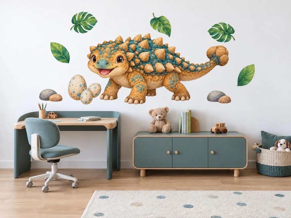 Veselý ankylosaurus s vajíčkami detské akvarelové nálepky pre milovníkov dinosaurov na stenu hárok 46 x 34 cm