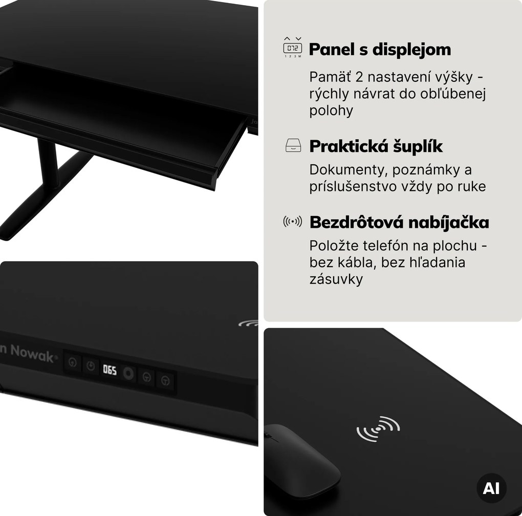 Elektrický písací stôl sit-stand so zásuvkou a bezdrôtovou nabíjačkou Qi čierny, 1600 mm: ELLIS