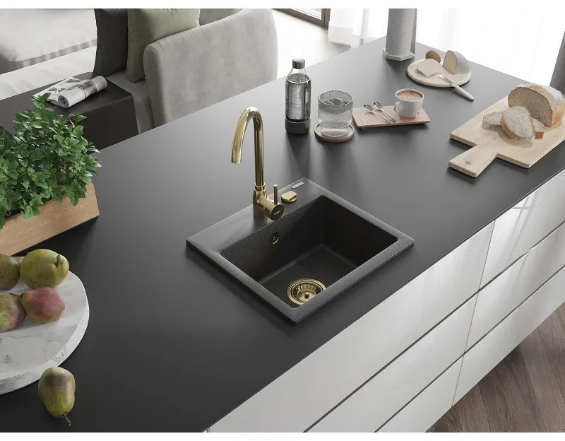 Mexen Milo, granitový drez 435x410x171 mm, 1-komorový, čierna škvrnitá so zlatým sifónom, 6505441000-76-G