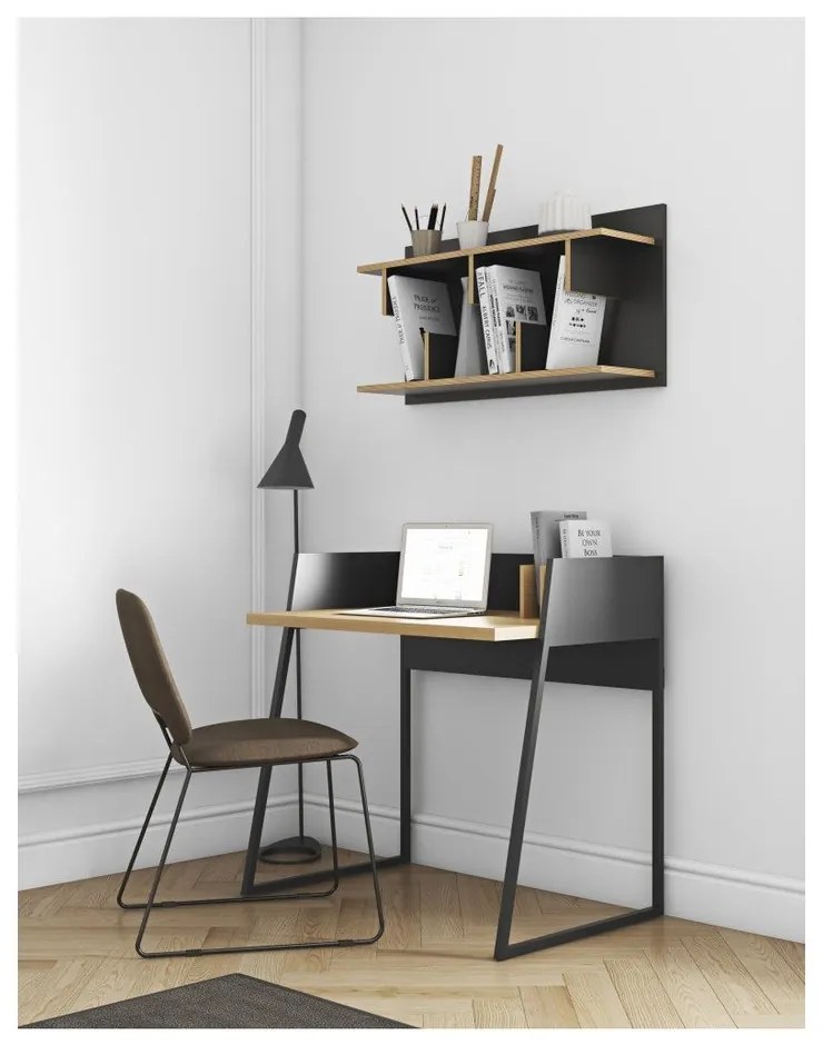 Čierny pracovný stôl s detailmi v dekore dubového dreva TemaHome Volga