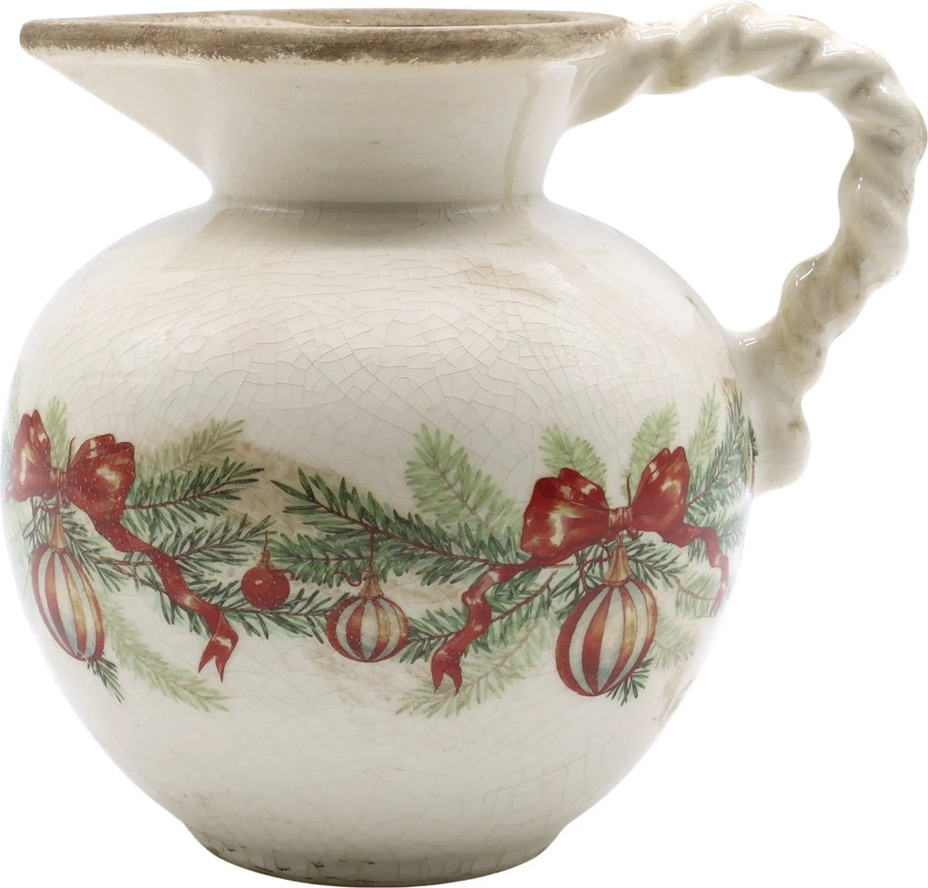 Béžový keramický džbán s vianočnými ozdobami Christmas Bow & Bauble - 20,5 * 18,5 cm