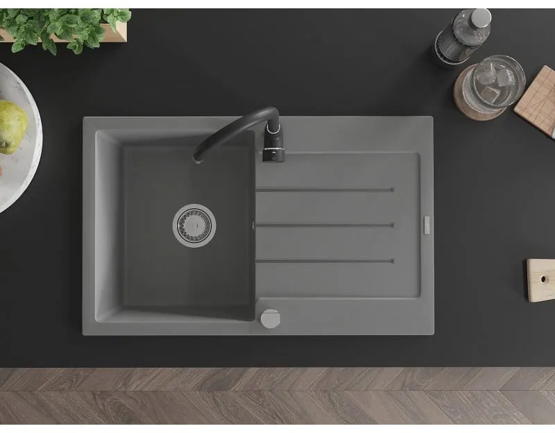Mexen Bruno, 1-komorový granitový drez s odkvapkávačom 795x495x200 mm a čierna kuchynská batéria Telma, šedá, 6513-71-670200-70