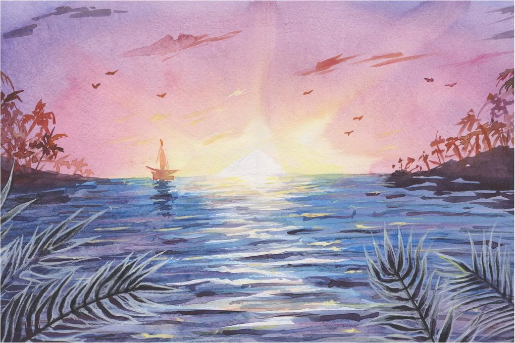 Obrázok - Západ slnka nad vodou, aquarel (90x60 cm)