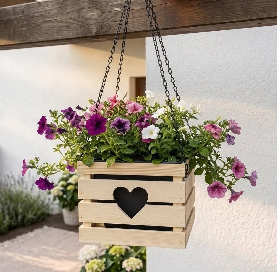AMADEA Drevený závesný obal na kvetináč so srdcom, 27x27x21 cm, český výrobok