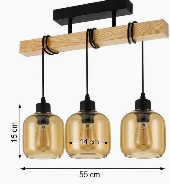 BRILAGI - Prisadený luster WOOD GLASS 3xE27/60W/230V borovica/čierna/dymovo-hnedá
