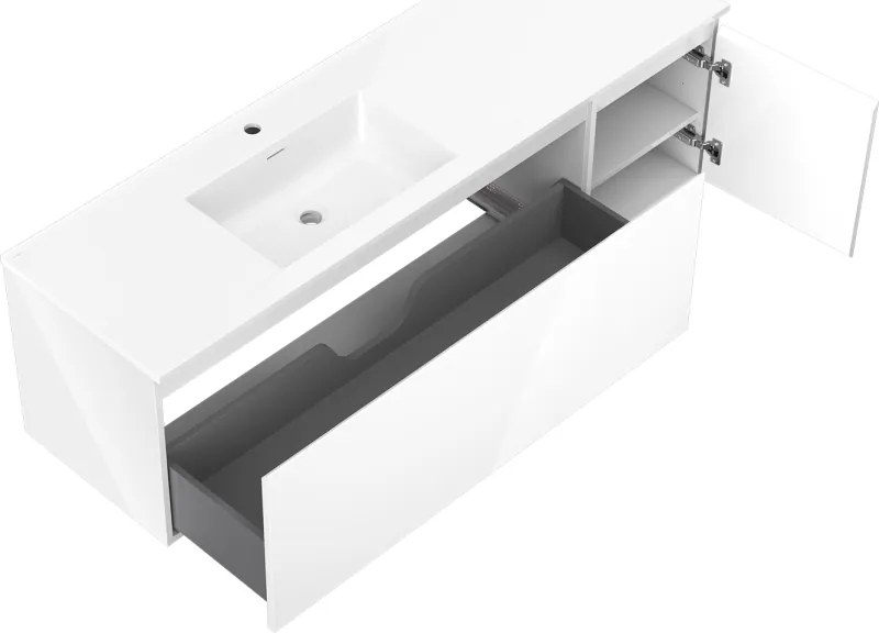 Mexen Orio, kúpeľňová skrinka 160 cm s umývadlom Otis vľavo, 1S, 1D, biela lesklá, 91A13-16047-3-BBFF00-W18L00