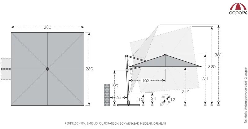 Doppler myZone 280 x 280 cm -  záhradný naklápací bočný slnečník : Barvy slunečníků - 816