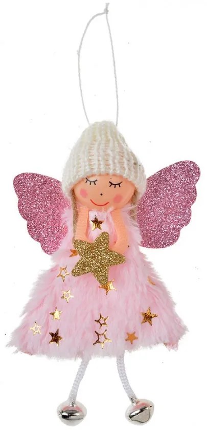 Ružová látková závesná dekorácia anjel s hviezdičkou - 8*3*15 cm