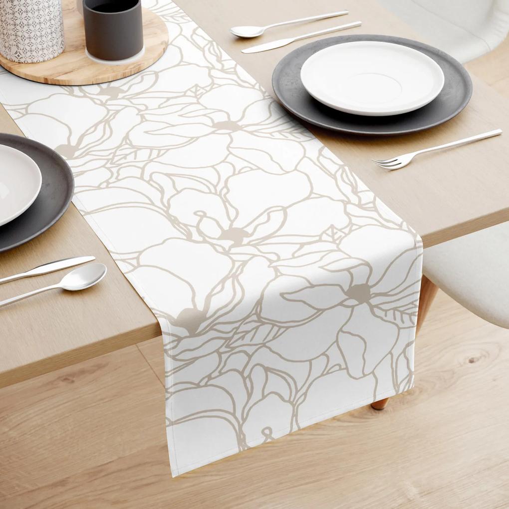 Goldea behúň na stôl 100% bavlnené plátno - svetlo béžové kvety na bielom 20x180 cm