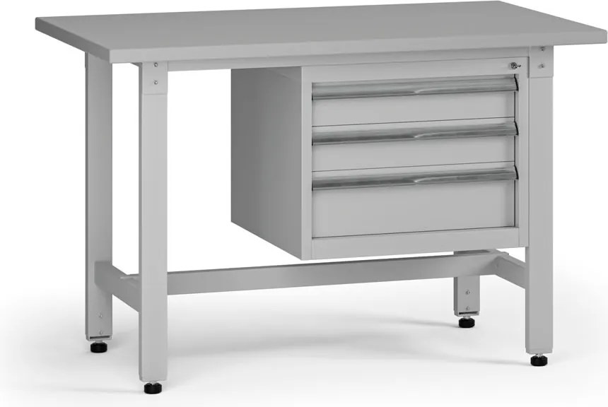 Výškovo nastaviteľný dielenský stôl G5, 1200 x 750 x 800-1000 mm, 1x kontajner, 3 zásuvky, sivá