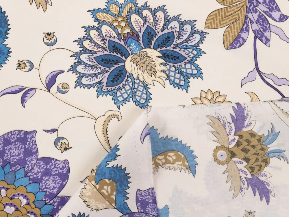 Biante Bavlnený záves Sandra SA-539 Modro-fialové orientálne kvety na svetlo béžovom 150x140 cm