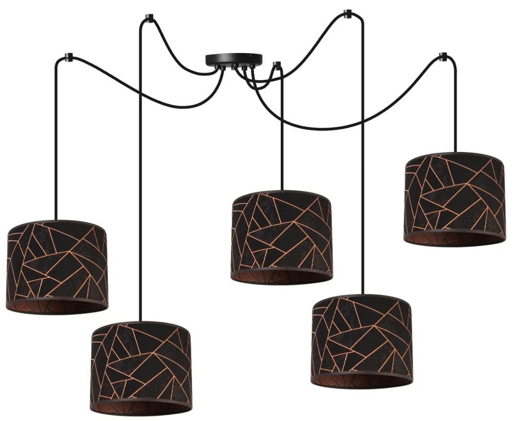 Závesné svietidlo Werona Spider, 5x čierne textilné tienidlo so vzorom, g