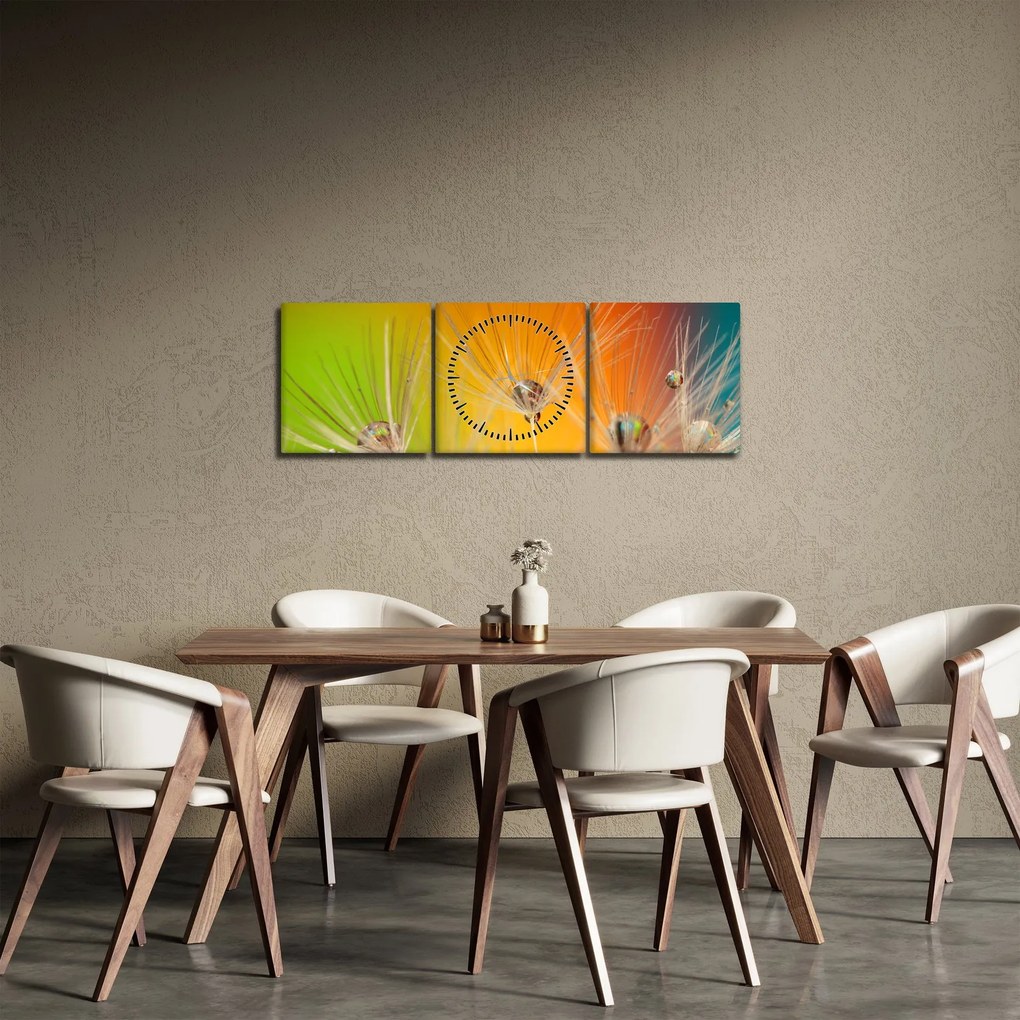Obraz kvapiek na rastline (s hodinami) (90x30 cm)