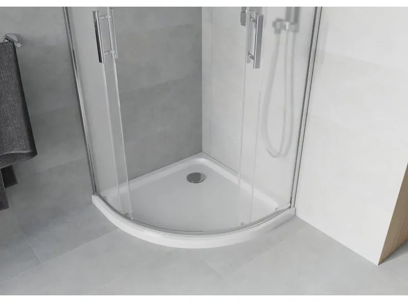 Mexen Rio, štvrťkruhový sprchovací kút s posuvnými dverami 90 x 90 cm, 6mm sklo námraza, chrómový profil + biela sprchová vanička, 863-090-090-01-30-4110