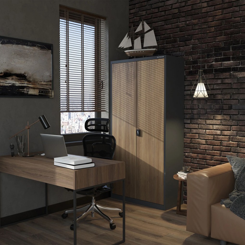 Vysoká kovová kancelárska skriňa na dokumenty, antracitová/orech, 900x1950x400 mm: JAN H Eco Design