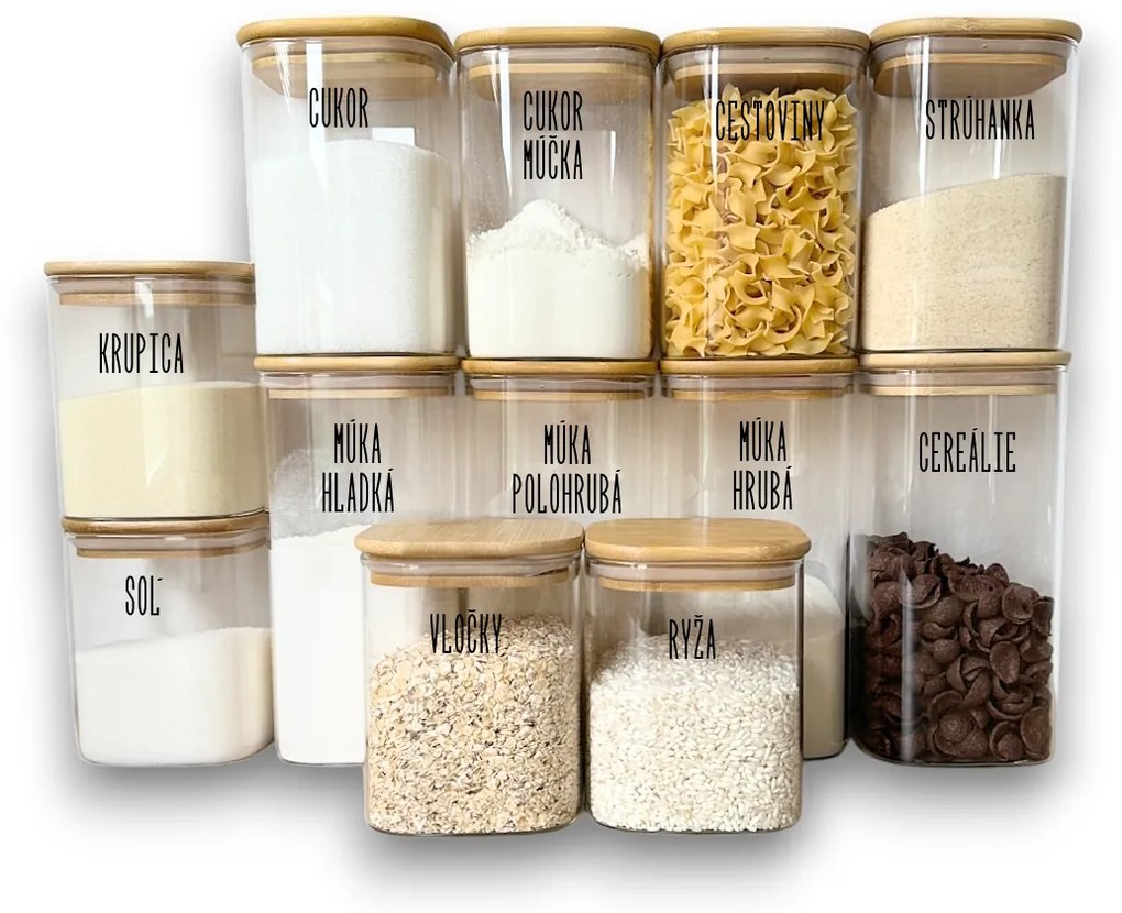 Orion Základná sada 12ks sklenených hranatých dóz s bambusovým vekom - BORO12